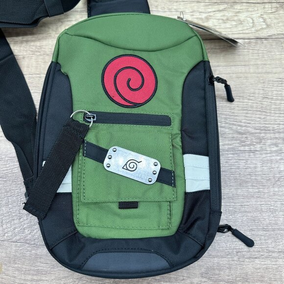 Bioworld Naruto Shippuden Sling Bag Black Green Unisex Hot Topic Zip Pockets NWT - Picture 2 of 14